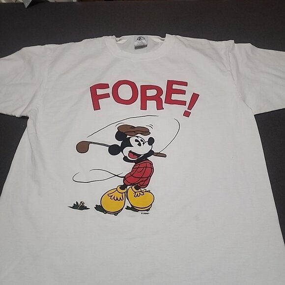Vintage 90s Disney Mickey Mouse Golf T-Shirt FORE! Graphic Tee White Single... - Picture 1 of 14